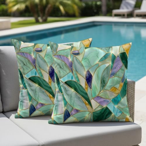 Set of 2 Abstract Leaf Pillow Covers Crystals Gold Veins Luxury
