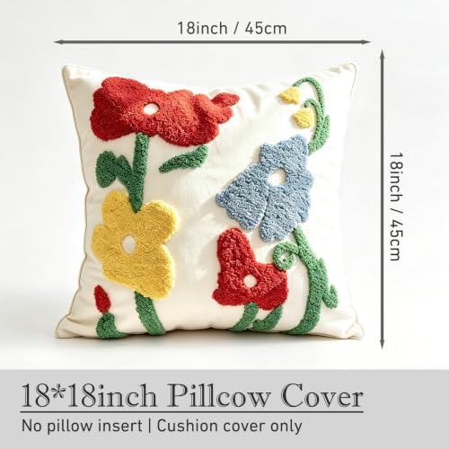 Boho Art Red Spring Floral Embroidered Throw Pillow Cover 18"x18" Set