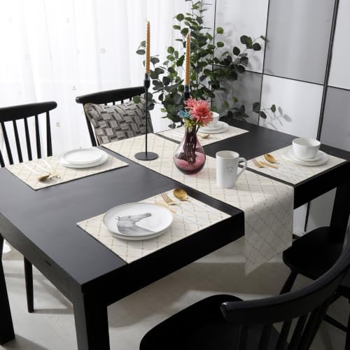 Beige Plaid Table Mats Set of 6 with Table Runner 90 Inches