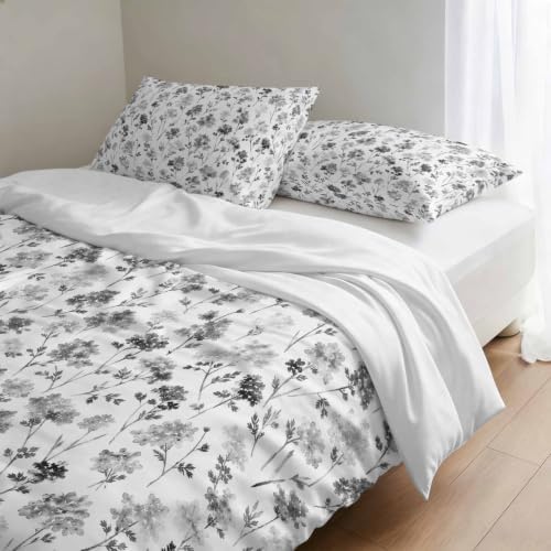 Grey Floral Duvet Cover Set 3 Pieces with Zipper Closure, Elegant