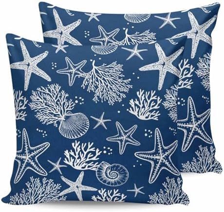 Pillow Covers 18x18 Set of 2, Navy Blue Coastal Square Throw Pillow