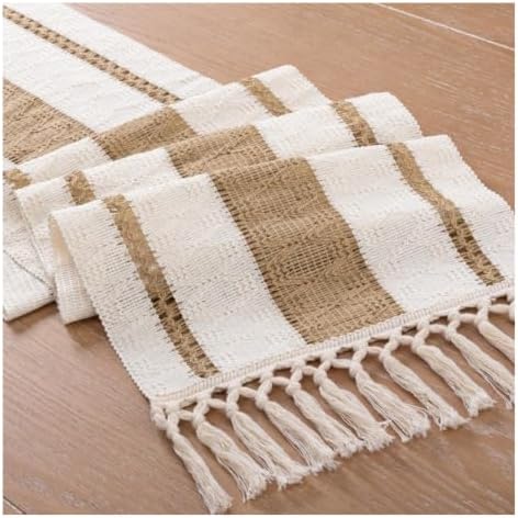 Table Runner Tassel Cotton Linen Pattern Bohemian Beige Color 12*108