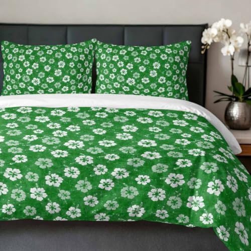 Duvet Cover Queen Size, Green Flowers 3-Piece Bedding Quilt/Comforter