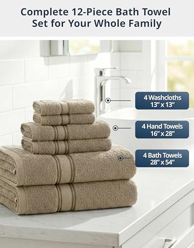 LANE LINEN Bath Towel Set Absorbent Quick Dry 100% Cotton 12 Piece