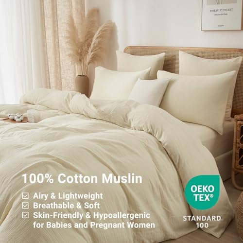 100% Muslin Cotton Cream Duvet Cover Twin Set Fluffy Solid Bedding