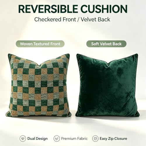 Set of 2 18x18 Inch Green Checkered Chenille Throw Pillow Covers, Boho