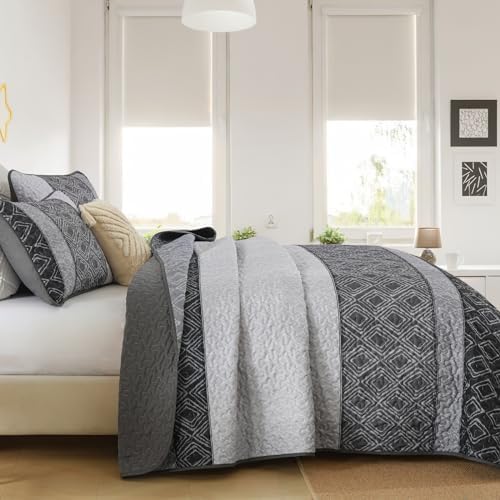 Cottolester Full Size Quilt,3 Pcs Black White Grey Striped Bedspread