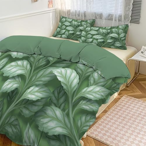 Duvet Cover Set Queen, 3D Watercolor Leaf Texture Hand-Painted Plant