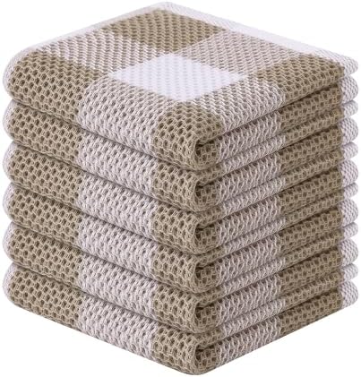 Homaxy 100% Cotton Check 6 Pack Dish Cloths, 12" x 12", White & Khaki