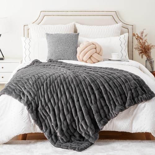 BATTILO Grey Faux Fur Throw Blanket for Couch, 60"x80", Double Side