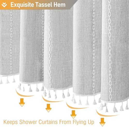 BTTN Grey Boho Farmhouse Linen Heavy Duty Shower Curtain Set, Gray