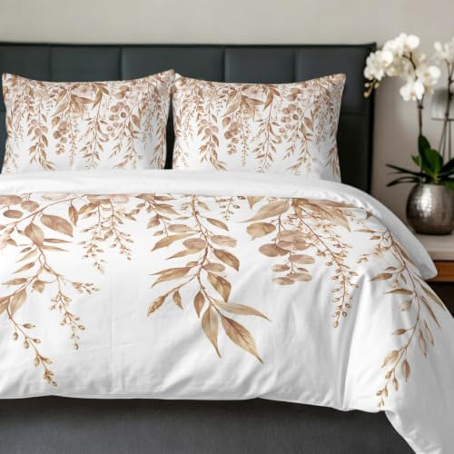 Duvet Cover King Size, Brown Eucalyptus Leaves 3-Piece Bedding
