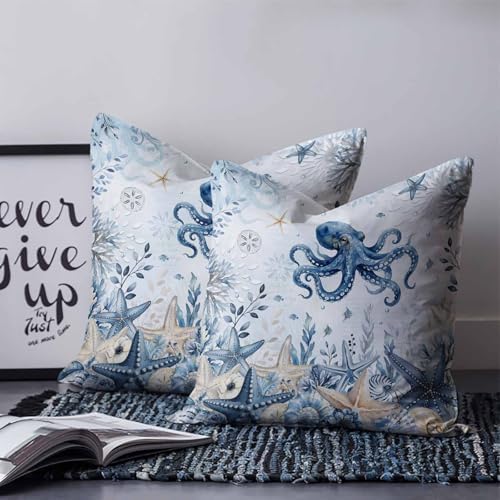 Blue Octopus Coastal Pillow Covers 26x26 Set of 2, Beach Starfish