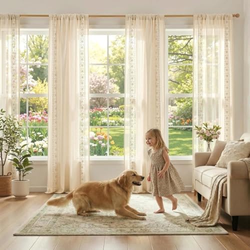 jinchan Floral Linen Curtains, Back Tab 54x96 Inch, 2 Panels Ivory