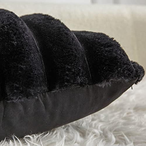 Neelvin Black Faux Fur Cozy Soft Striped Decorative Throw Pillow
