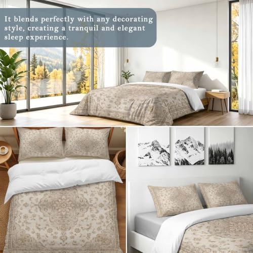 Beige Flowers Boho Duvet Cover Set 3 Pieces with Zipper Closure