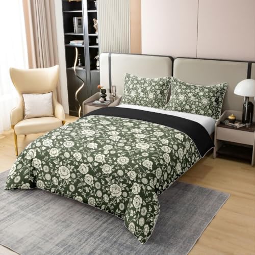 Feelyou Sage Green Floral Duvet Cover 100% Cotton Queen Size Tropical