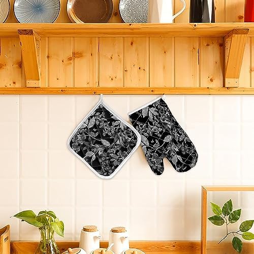 Quilted Cotton Terry Cloth Oven Mitt, Pot Holder Grey Floral Leaves