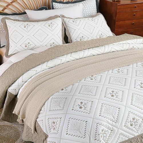 Cmfshape Floral Embroidery Quilt Set,3 Pieces King Size Quilt Bedding