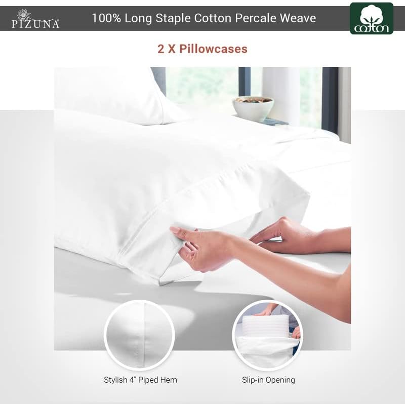 Pizuna 100% Cotton Queen Size Pillow Cases Percale, White