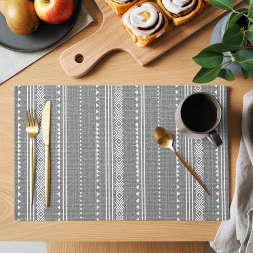 Grey Boho Placemats Set of 8, Cotton Linen Fabric Place Mats, Rthnic