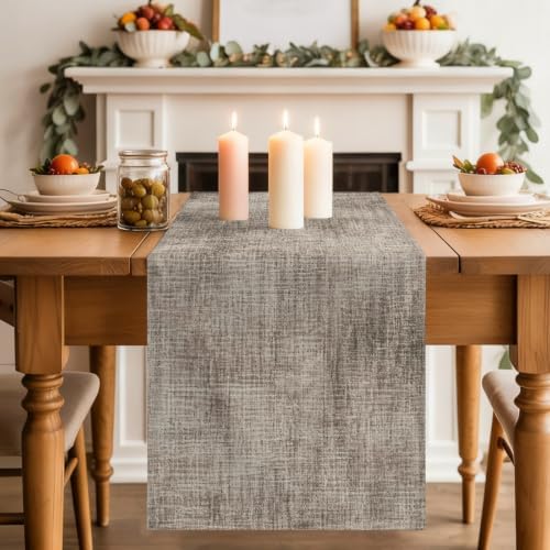 Brown Beige Table Runners 90 Inches Long, Farmhouse Linen Texture