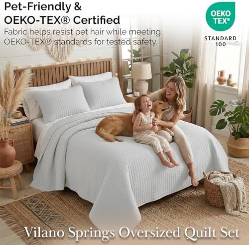 Oversized Quilt King Size Set w/ 2 Quilted Pillow Shams, Light Grey