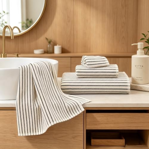 Black Striped Bath Towels Set Cotton for Bathroom Shower Decor 6 PCS