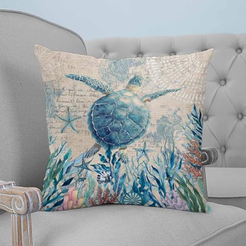 Pillow Covers 20x20 Set of 2, Teal Sea Turtle Square Throw Pillow