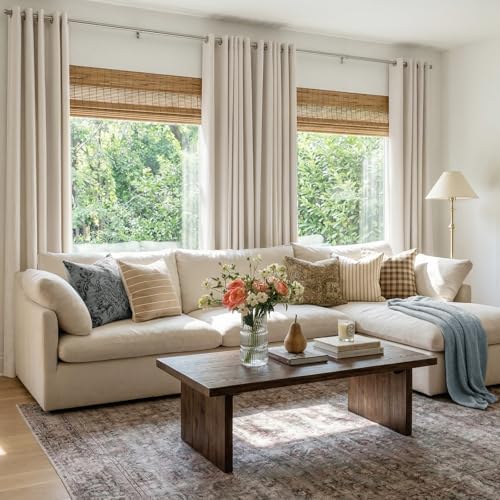 100% Blackout Linen Curtains 108 Inch Long 2 Panels Set, Beige