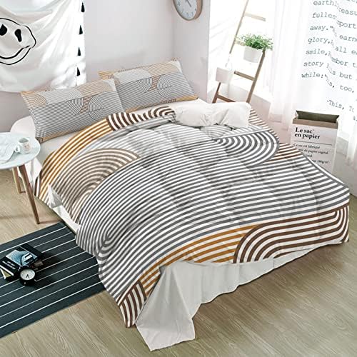Duvet Cover Set Queen, Grey Stripes Abstract Geometric 3 Piece Bedding