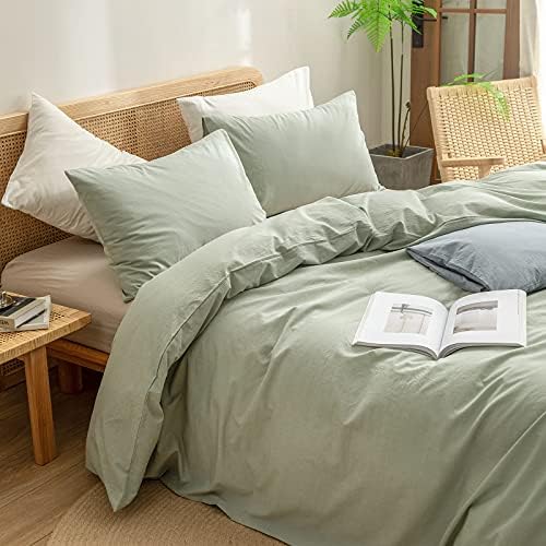 BESTOUCH Cotton Solid Duvet Cover Set Linen Feel Sage Green California