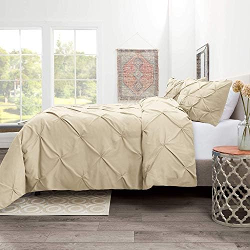 100% Cotton (Beige Color) Pinch Pleated 3-PCs Duvet Cover Set Zipper