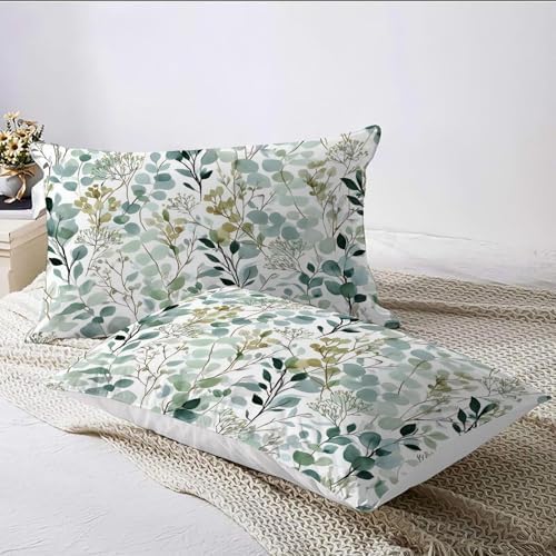 Duvet Cover Set King, Watercolor Eucalyptus Leaves Brushed Microfiber