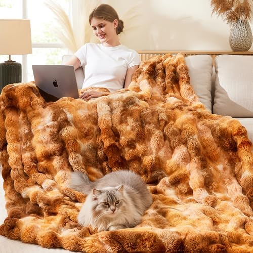 L'AGRATY Faux Fur Throw Blanket for Couch, 60''x80'' Tie-Dye Caramel