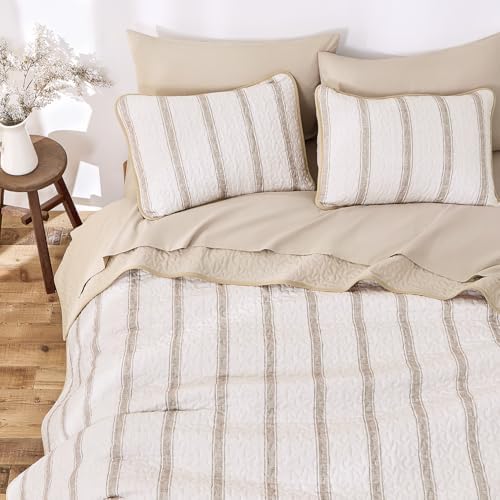 Wake In Cloud Striped Quilt Set, Taupe, King