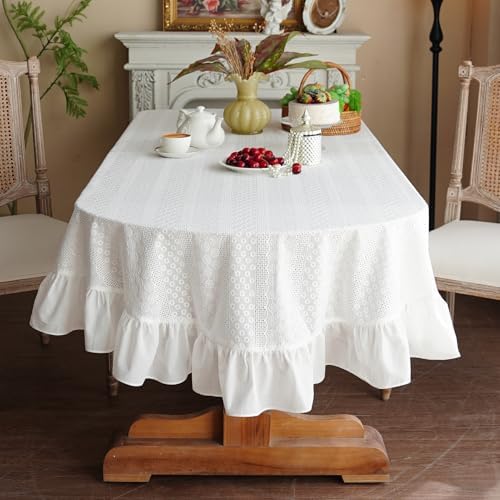 Oval Cotton Tablecloth Ruffled Lace Farmhouse, White 60" x 104"