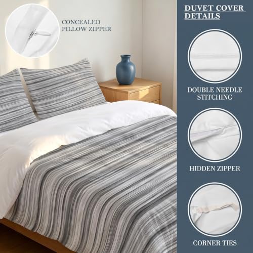 3 Pieces Duvet Cover Queen Bedding Sets Abstract Gray Striped Textured