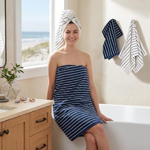 8-Piece Navy Blue and Ivory Towel Set, Cotton Striped Towels for