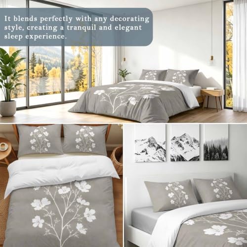 Gray Floral Blossom Duvet Cover Set 3 Pieces with Zipper Closure