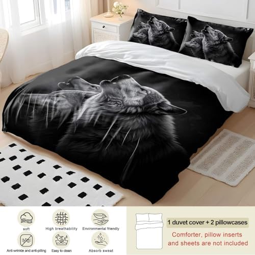 Wolf Animal Sketch Duvet Cover Bedding Sets, Black White Wildlife