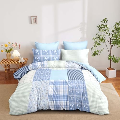 Nayoroom Plaid Duvet Cover Queen Reversible Blue Patchwork Coastal