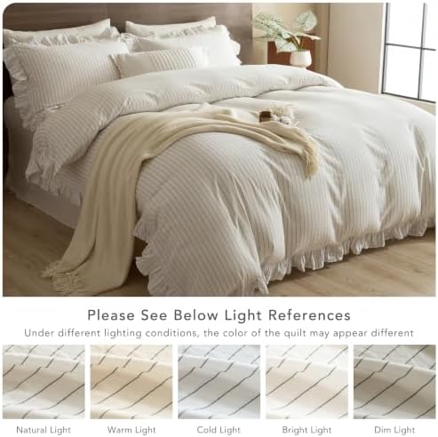 QSH White Dark Grey Wide Stripes Ruffled Duvet Cover Set King