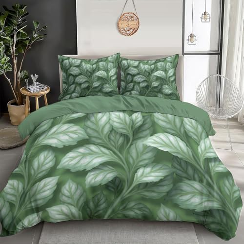 Duvet Cover Set Queen, 3D Watercolor Leaf Texture Hand-Painted Plant