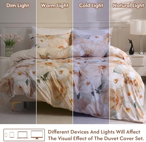 LONAVA Queen Flower 3 Pcs Duvet Cover Set, Breathable Soft Microfiber