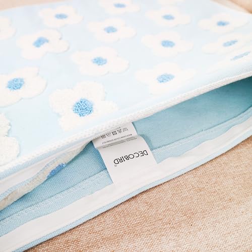 DECOBIRD Embroidery Throw Pillow Cover 20x20 Light Blue Floral Design