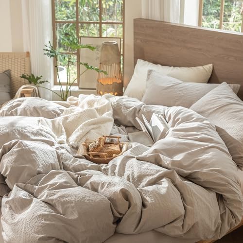 MooMee Jacquard Duvet Cover Set 100% Washed Cotton Linen Like Cal King