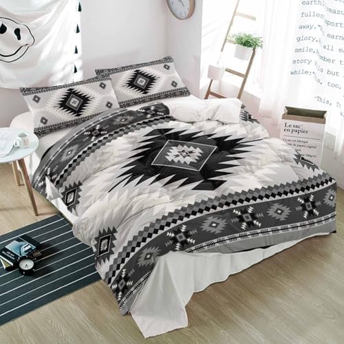 Duvet Cover Set Full, Aztec Gray Geometric Pattern 3 Piece Bedding Set