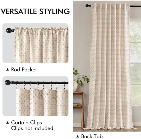 MIULEE Patterned Farmhouse Linen Curtains, Back Tab, 52Wx96L, Beige
