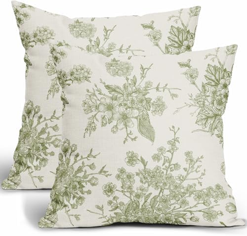 Sage Green Floral Throw Pillow Covers 22x22 Set of 2 Chinoiserie Line